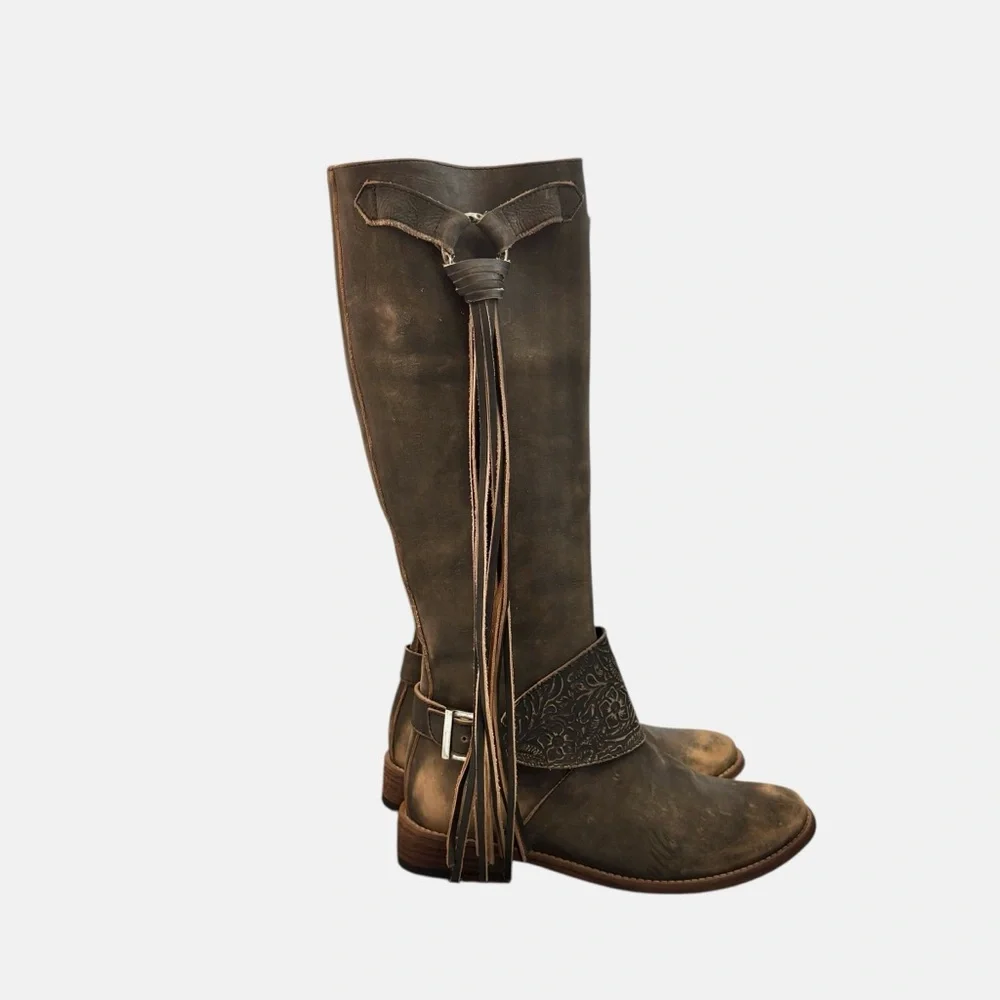 Very Volatile Rainstorm Knee High Tan Boots Tall Leather Boots With Fringe